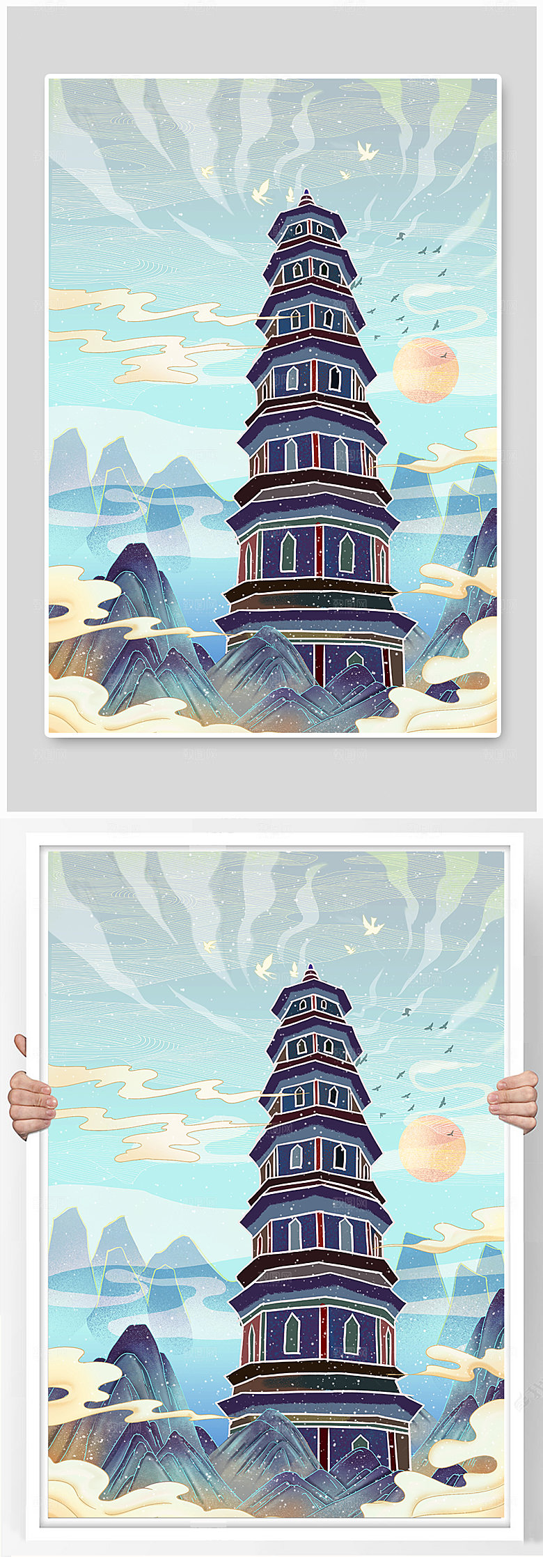 极简北海合浦文昌塔高端插画