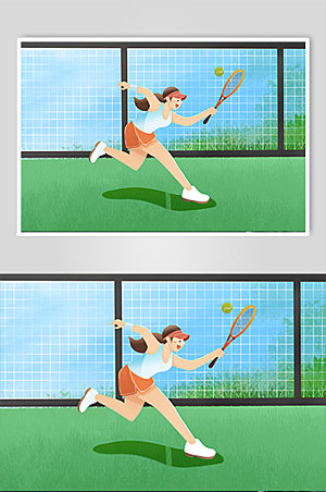 原创卡通手绘网球运动大气插画