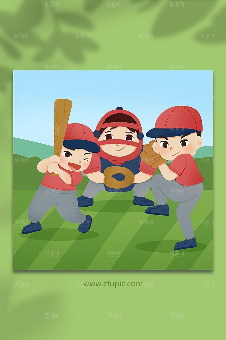 绿色运动组合棒球运动人物大气插画