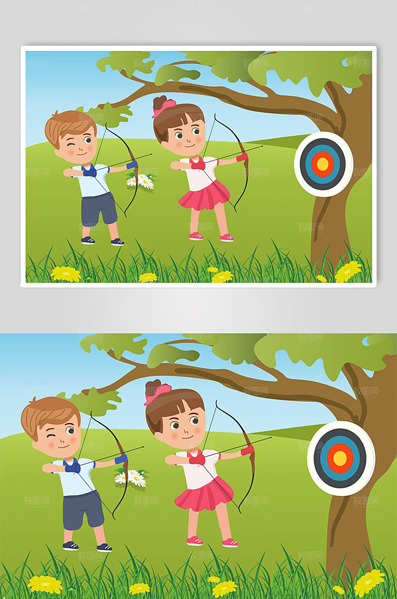 清新少儿射箭训练射箭运动高端插画