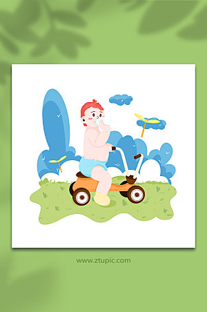 时尚婴儿骑单车元素大气人物插画