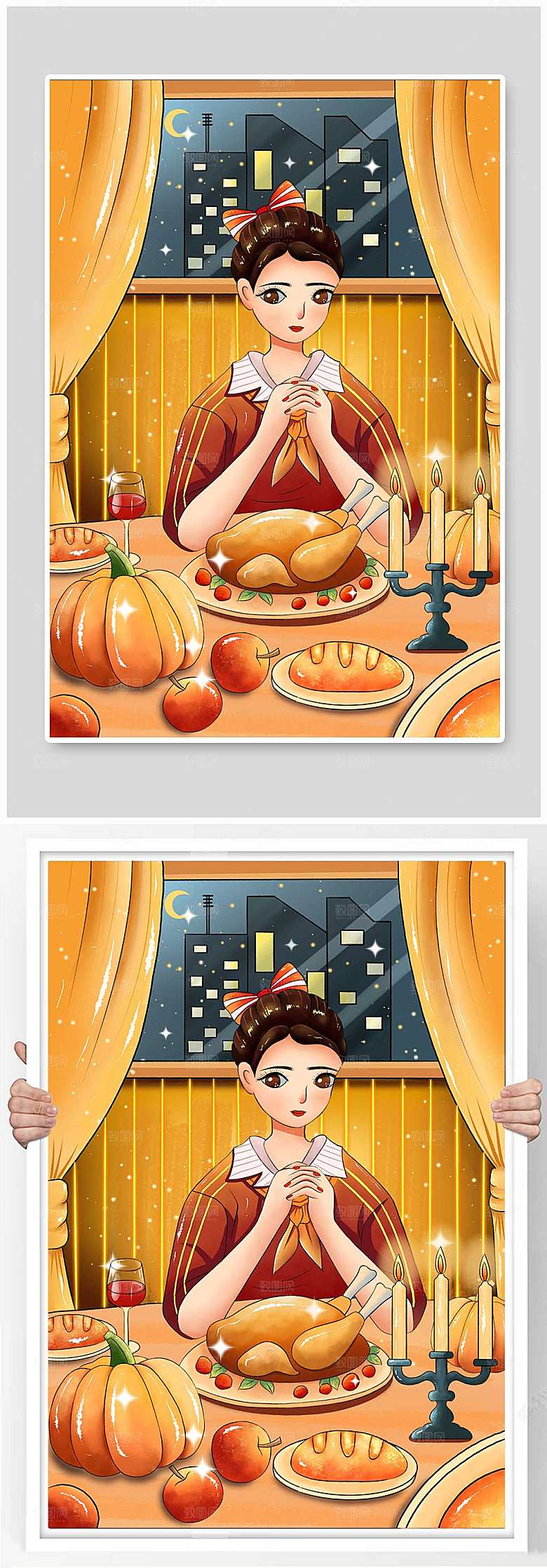 简约手绘感恩节祷告火鸡现代插画
