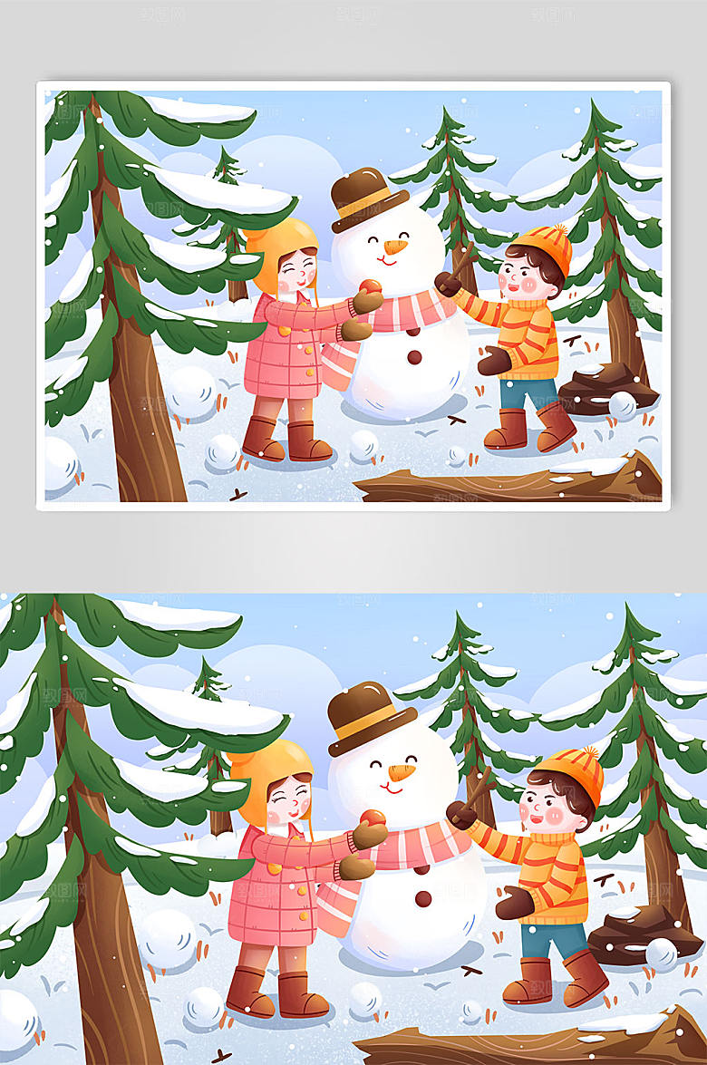 小清新大气堆雪人立冬创意人物插画