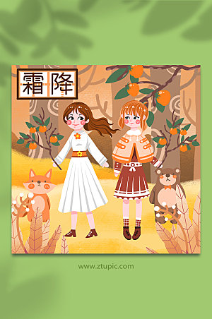 黄色柿子秋季动物霜降节气时尚插画