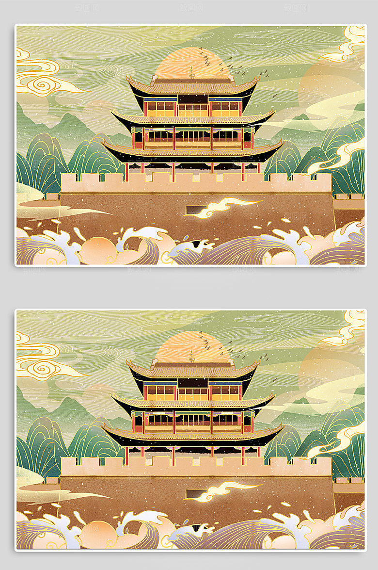 创意甘肃嘉峪关地标建筑插画设计
