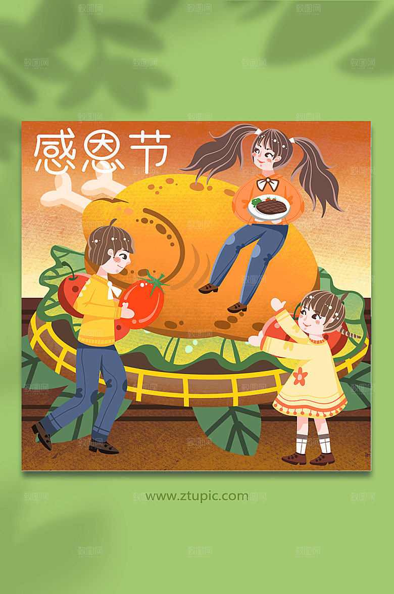 人物火鸡烤鸡节日感恩节插画模板