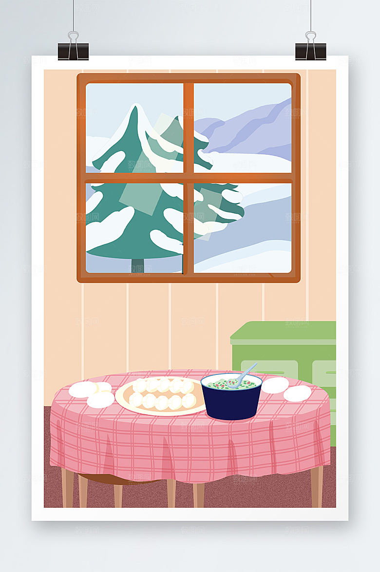 简约包饺子立冬节气插画背景模板