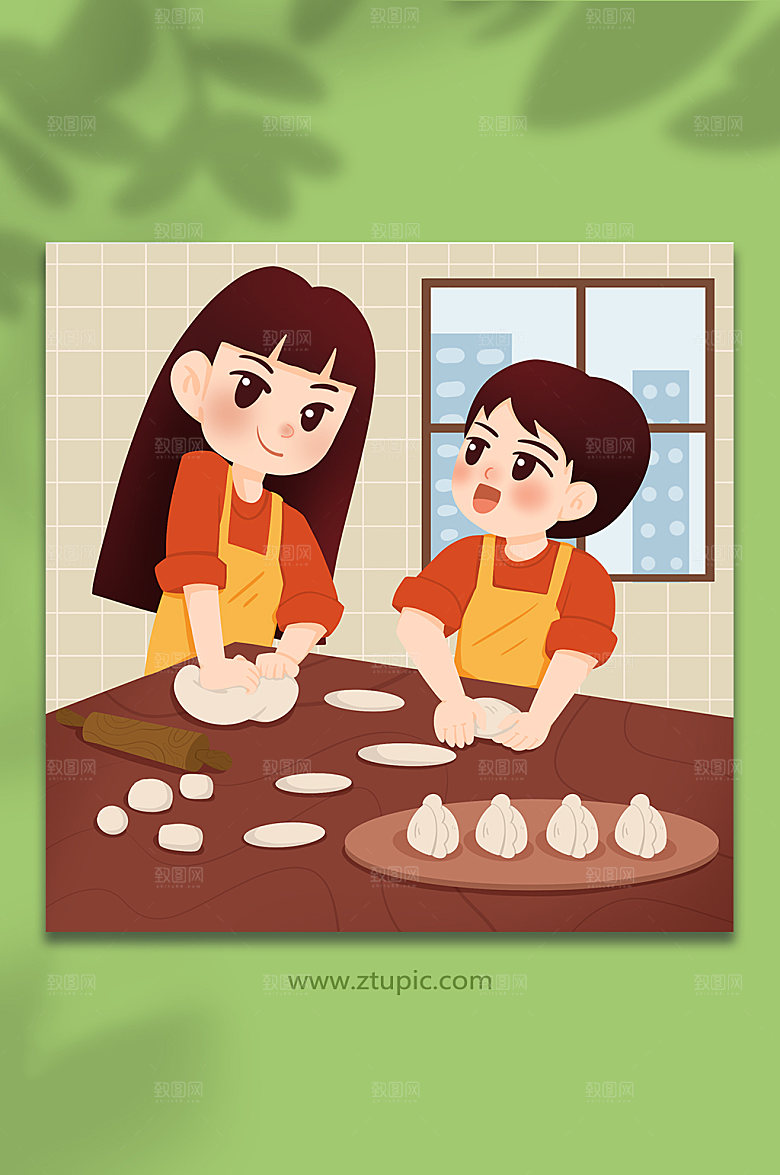 简约姐弟包饺子立冬节气人物商业插画