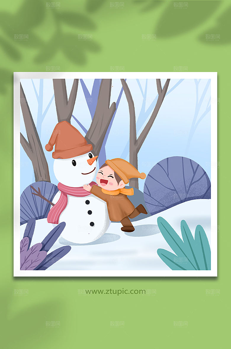 简约立冬节气小孩雪地雪人玩耍插画