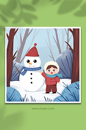 立冬穿着厚衣服的小孩雪人蓝色插画