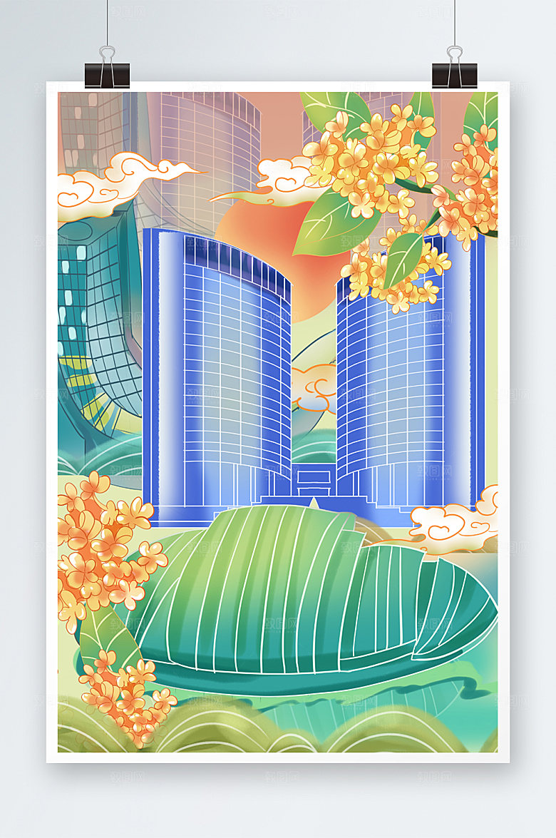 大气国潮风合肥城市建筑创业插画