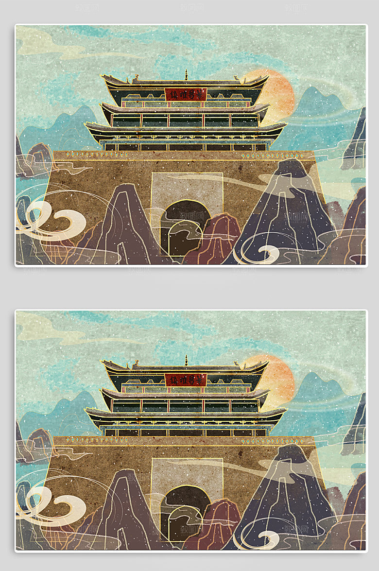 国潮甘肃陇西威远楼创意插画
