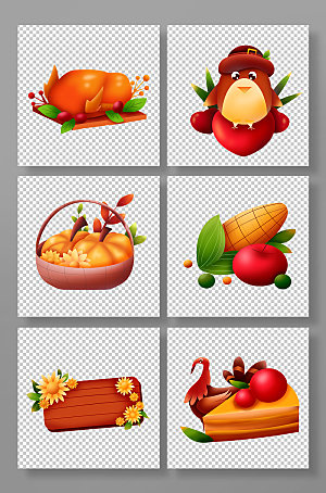 黄色立体手绘感恩节元素创意插画