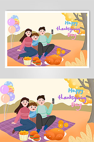 橙色野餐感恩节人物大气插画