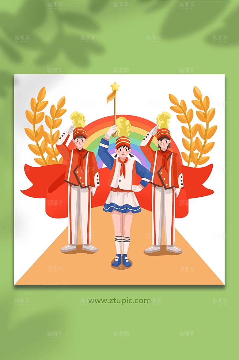 创意少先队员国庆节扁平人物插画