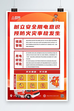 红色消防安全用电知识宣传大气海报