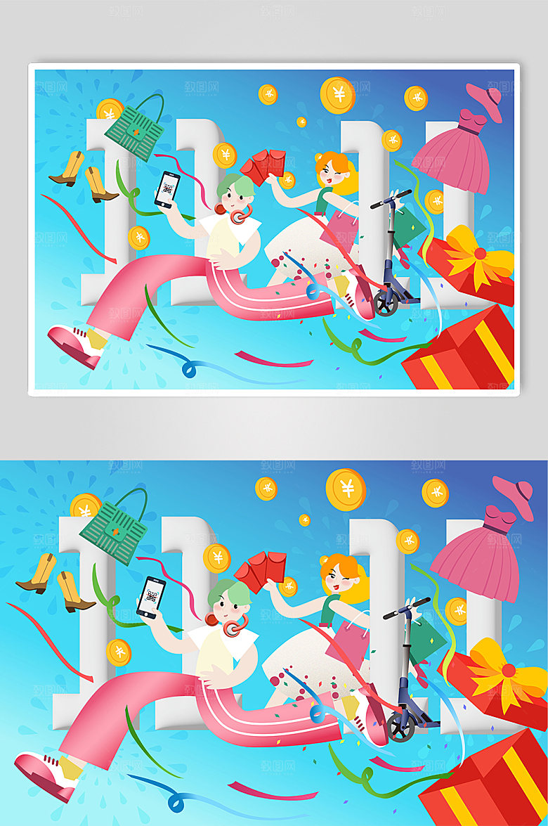蓝色双十一狂欢促销购物创意人物插画