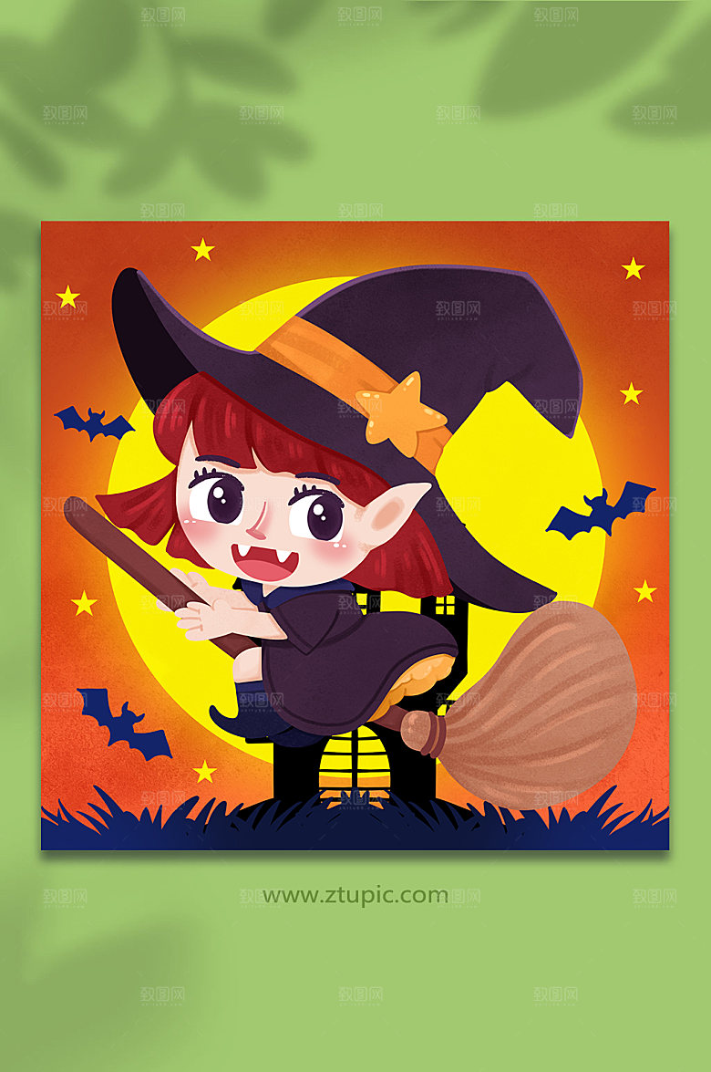 创意魔女骑扫把可爱万圣节人物插画