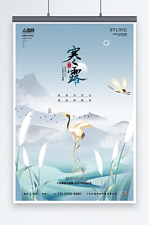 简约芦苇白鹤寒露中式传统节气海报
