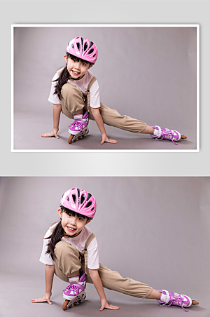 运动女孩轮滑人物背带裤摄影图