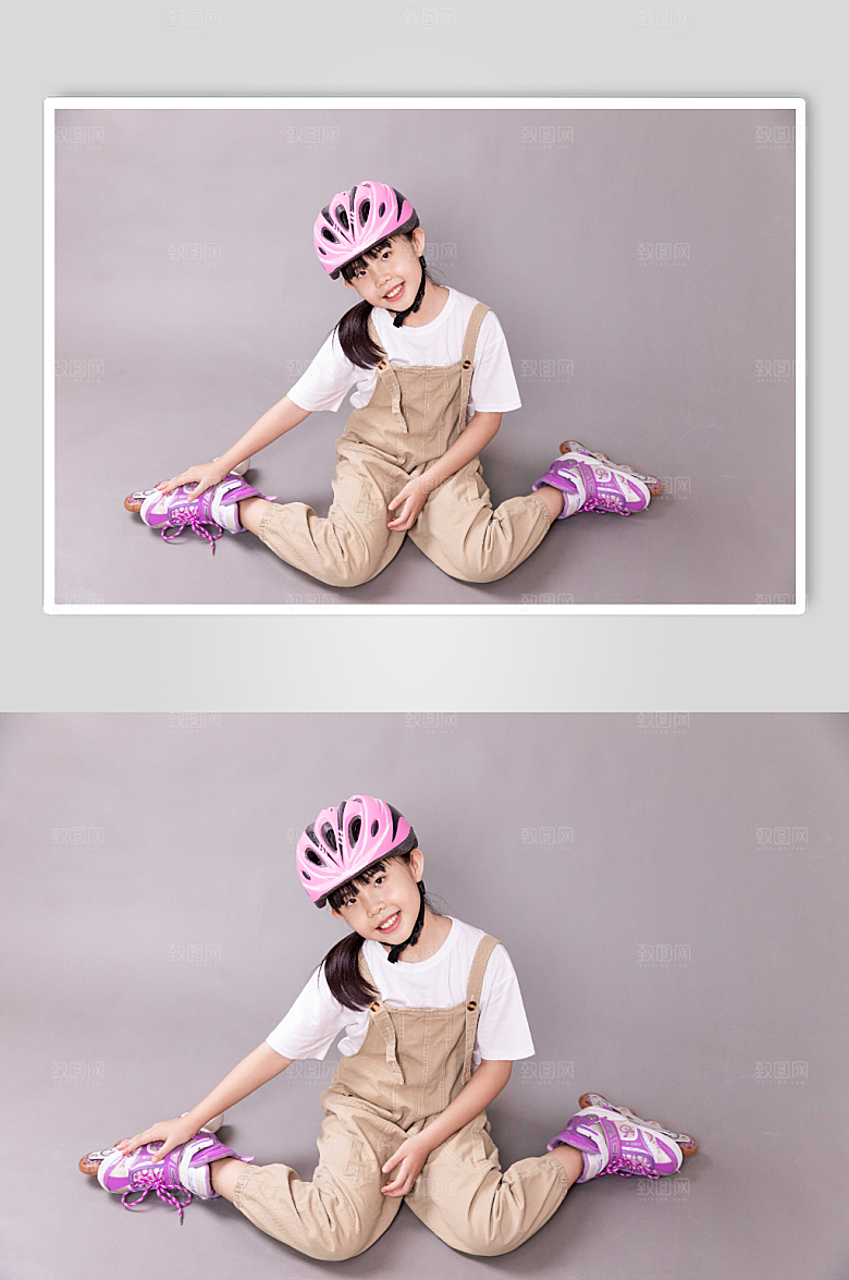 坐地上女孩轮滑人物背带裤摄影图
