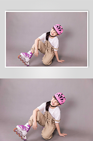 耍酷女孩轮滑人物背带裤摄影图