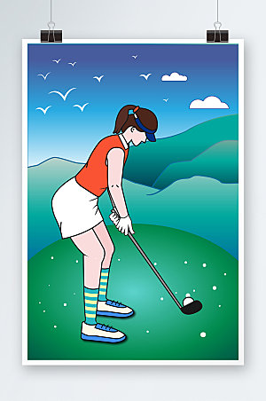 原创高尔夫运动女人人物绿色插画