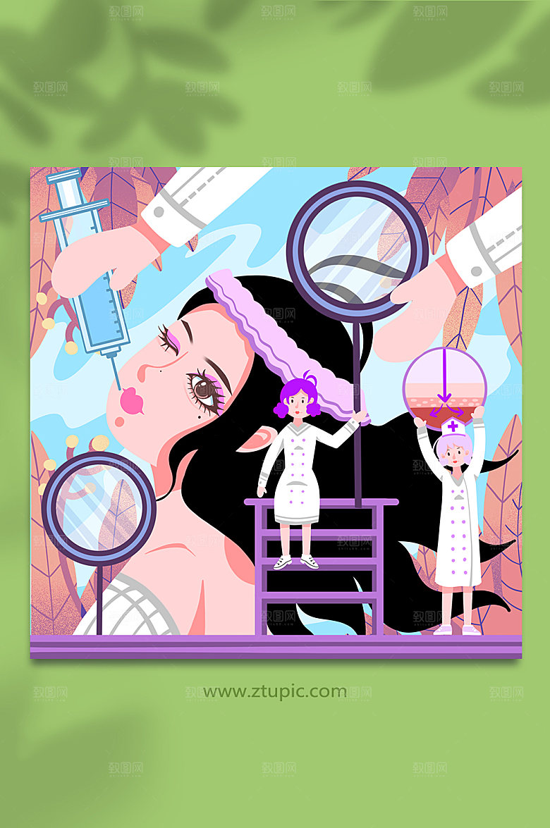 卡通打针扁平化整形医美人物插画