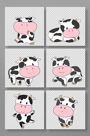 扁平化卡通奶牛动物元素手绘插画