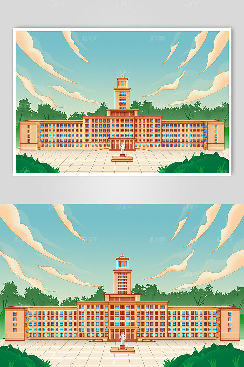 南开大学主楼天津城市国潮插画