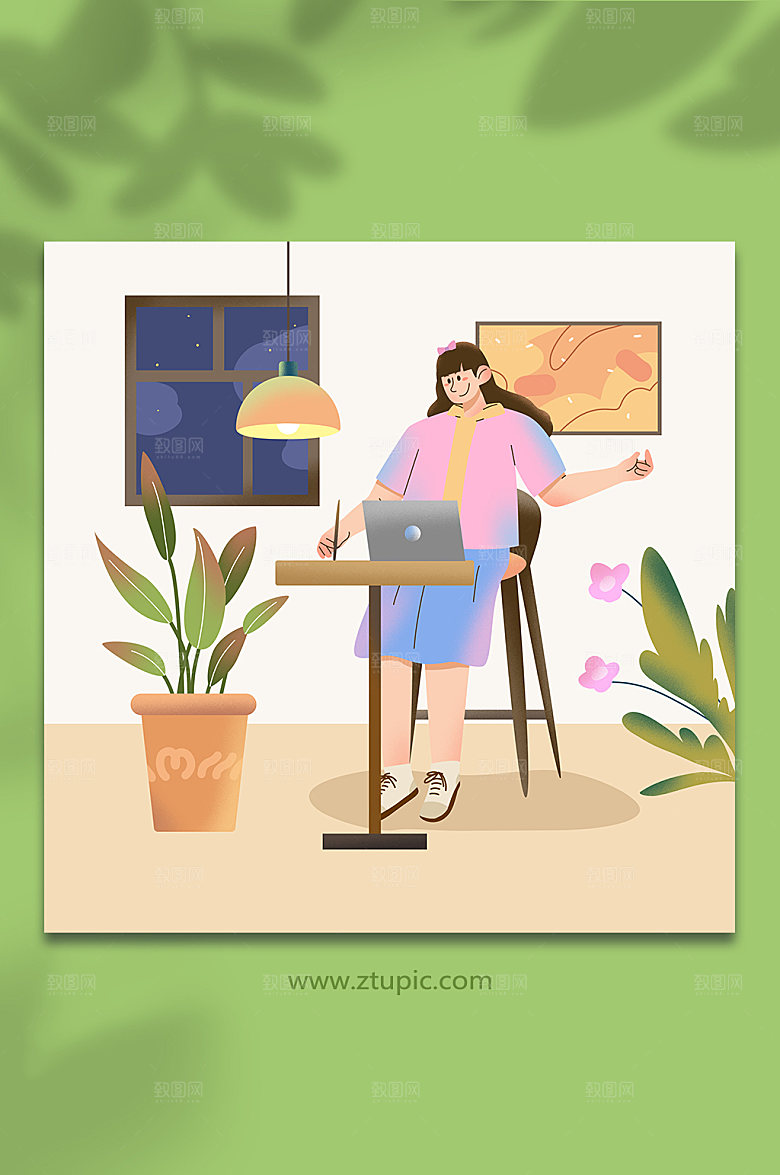 居家女生夜间扁平办公学习创意插画