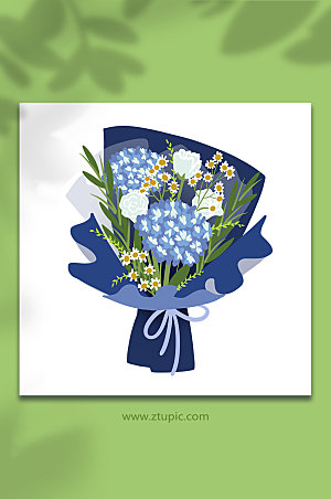 大气蓝色绣球花花束元素扁平插画