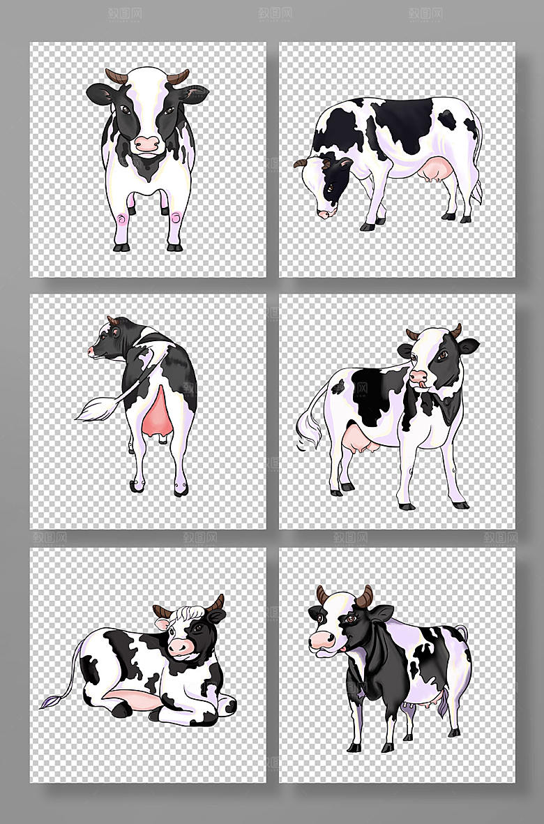 手绘可爱奶牛卡通元素创意插画
