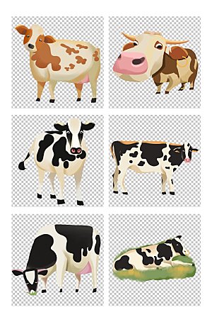手绘可爱奶牛吃草动物元素插画