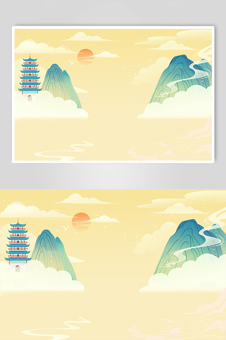 大气山峰宝塔黄色插画淡黄背景图