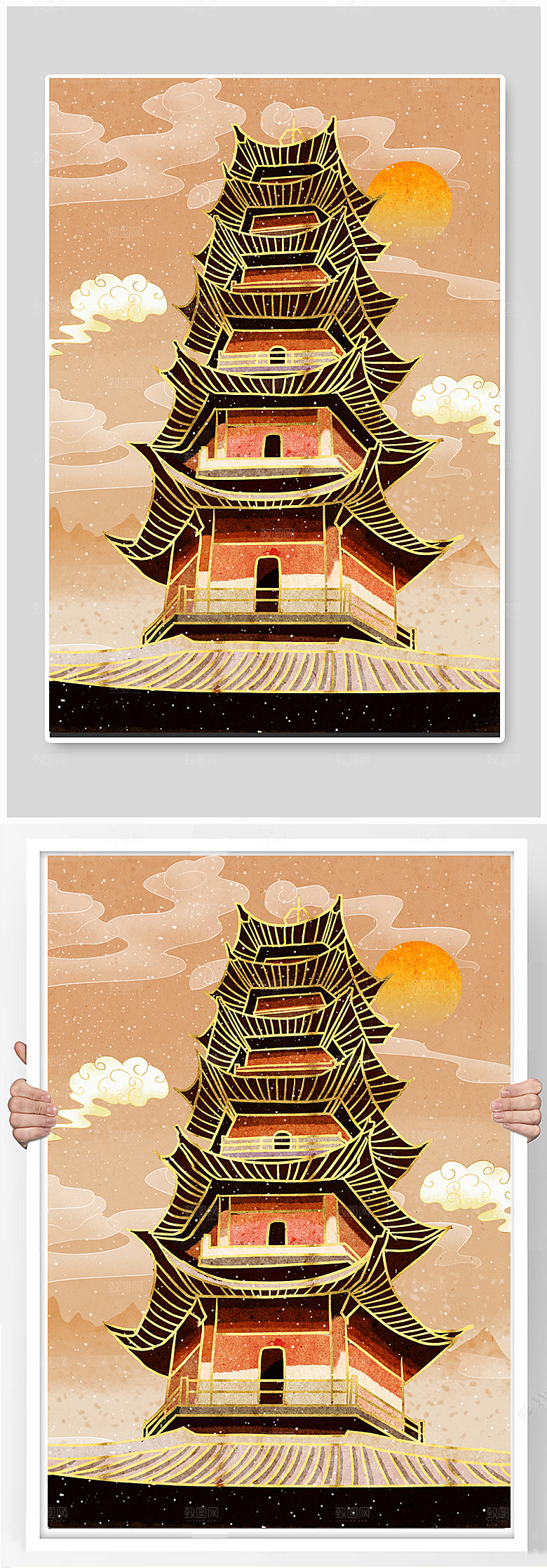 现代宁波天封塔城市大气插画