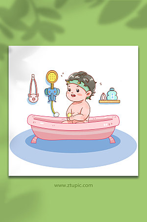 可爱幼儿婴儿洗澡人物漫画原创插画