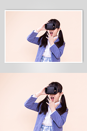 戴VR眼镜学生小女孩高清摄影图