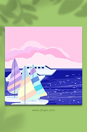 手绘青岛帆船和海插画原创背景图