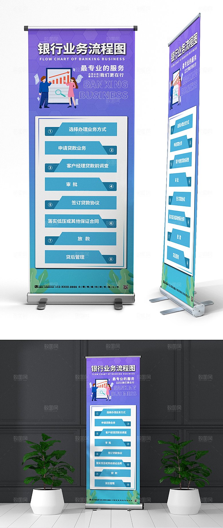 紫色银行业务办理流程图创意易拉宝