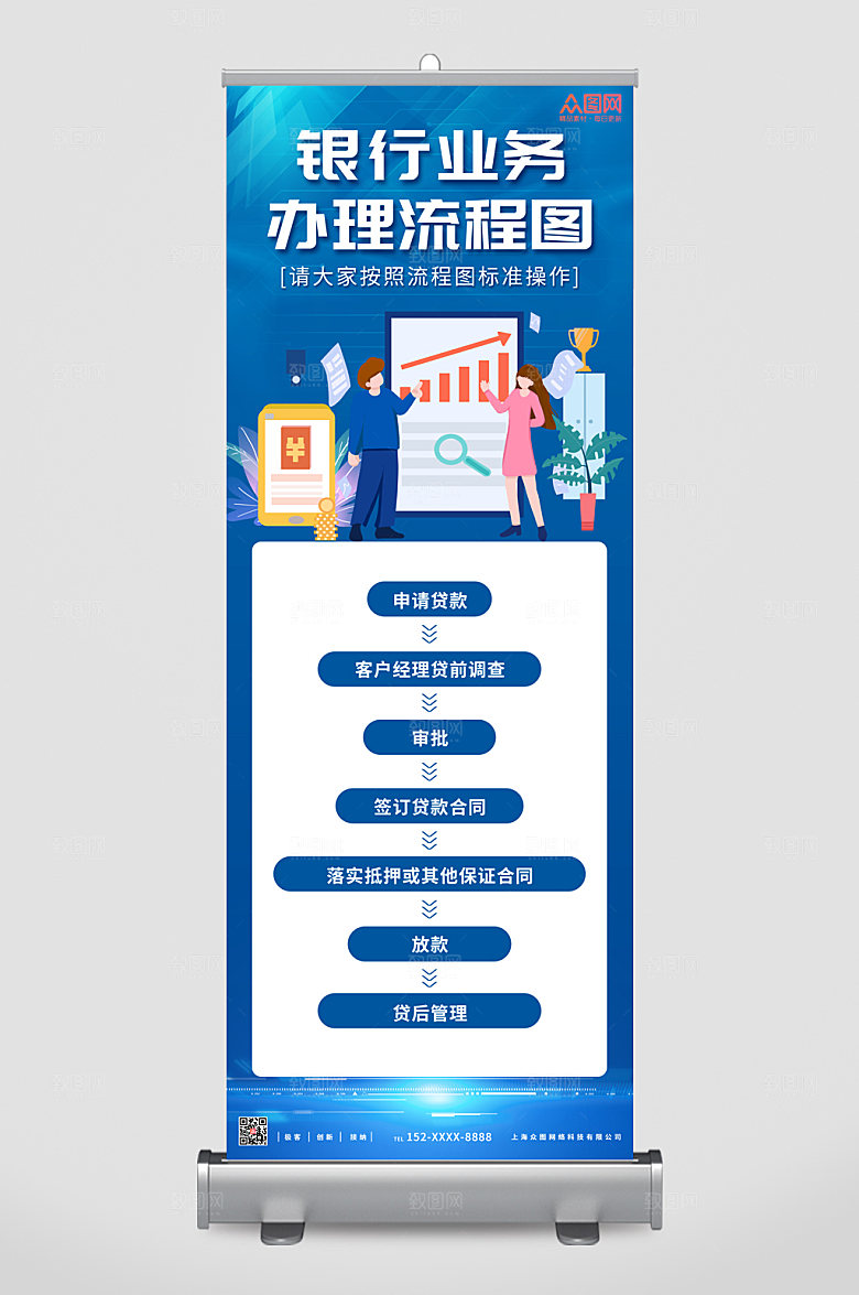 蓝色银行业务办理流程图大气易拉宝