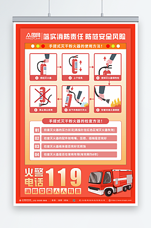 创意消防灭火器使用步骤方法海报