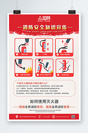 红色消防灭火器使用步骤创意海报