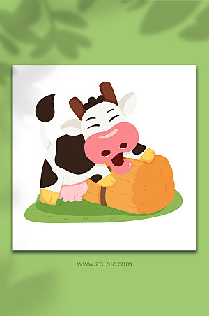 创意手绘干草堆奶牛动物可爱插画