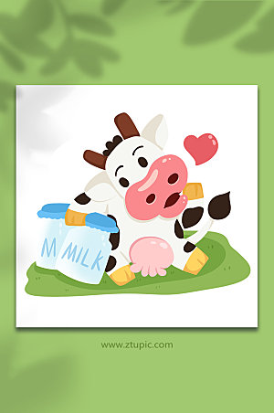 可爱手绘牛奶瓶奶牛动物手绘插画