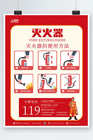 消防灭火器使用步骤方法创意海报