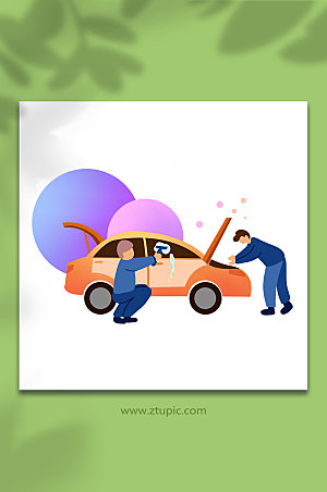 原创清洁修理汽车美容行业插画