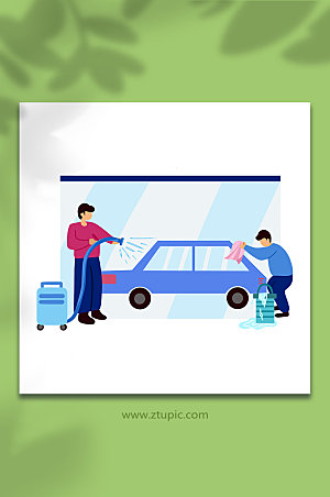 创意人物清洗汽车美容行业插画