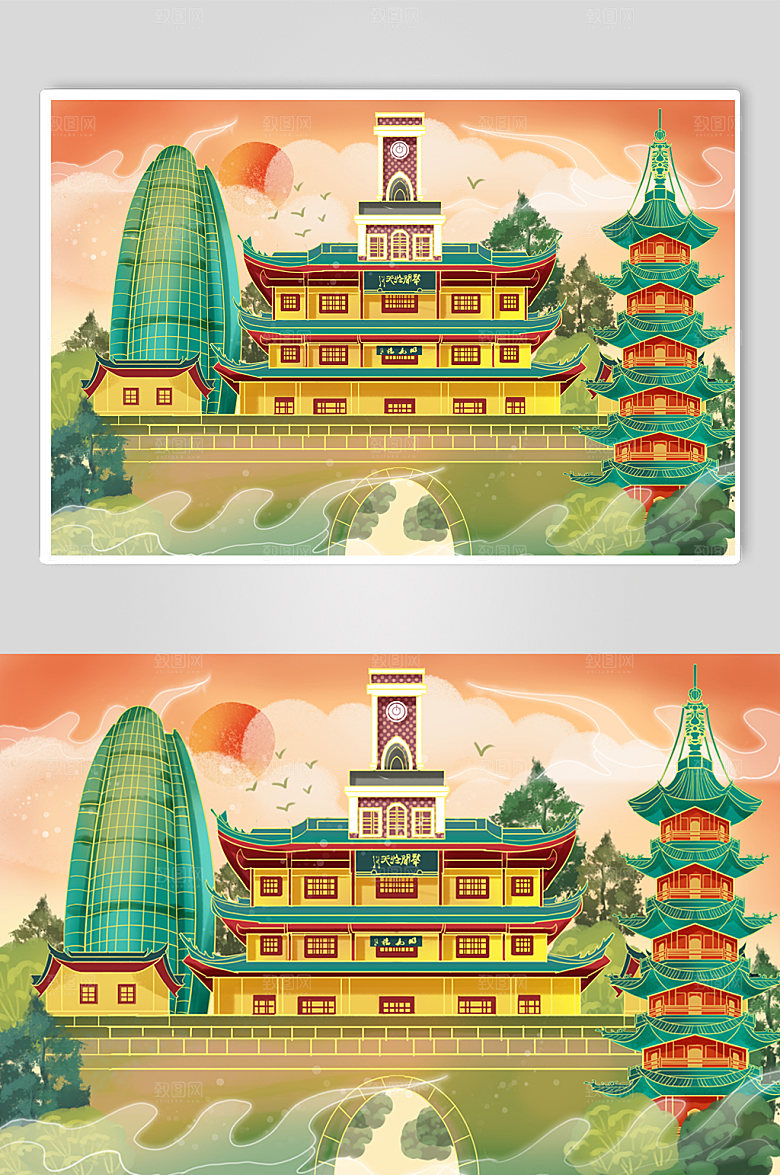 宁波创意城市地标建筑原创插画