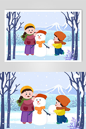 创意堆雪人小雪节气人物时尚插画